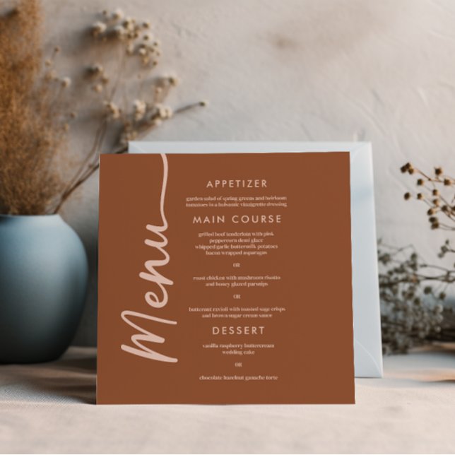 Boho Brown Terracotta Trendy Wedding Menu Invitation (Creator Uploaded)
