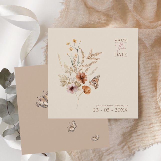 Boho Brown Wildflowers and Butterflies Wedding Save The Date (Boho Brown Wildflowers and Butterflies Wedding Save The Date)
