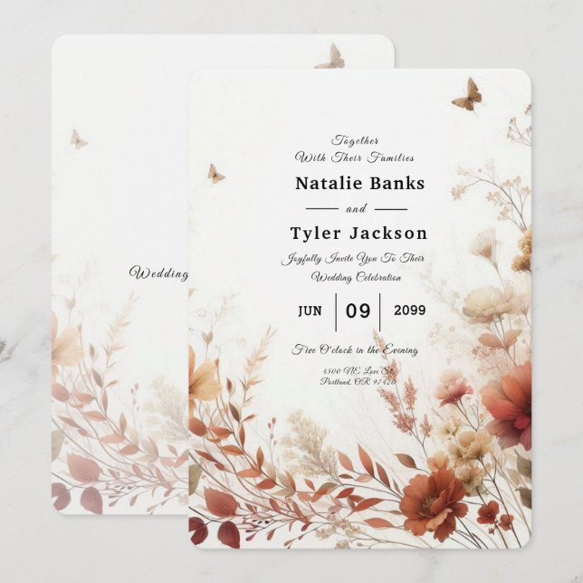 Boho Browns with Butterflies Floral Wedding Invitation (Front/Back)