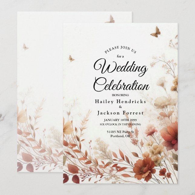Boho Browns with Butterflies Floral Wedding Invitation (Front/Back)
