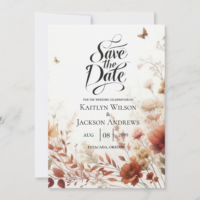 Boho Browns with Butterflies Floral Wedding Save The Date (Front)