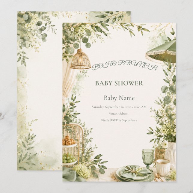 Boho Brunch Baby Shower  | Sage Green Botanical  Invitation (Front/Back)