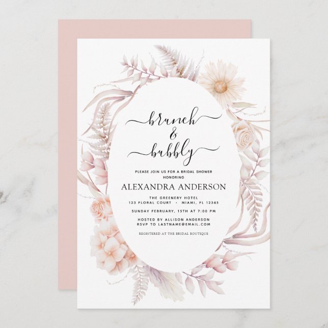 Boho Brunch & Bubbly Bridal Shower Dusty Pink Invi Invitation (Front/Back)