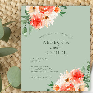 Boho Budget Sage and Orange Blooms Wedding Invite  Flyer