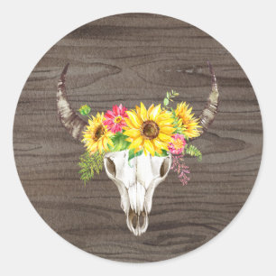 Boho Bull Skull Dark Wood Classic Round Sticker