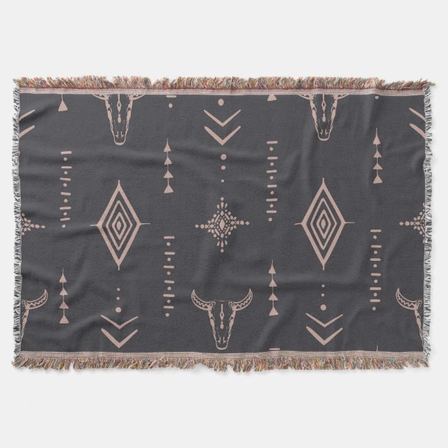 Boho bull skull, ethnic seamless. throw blanket (Front)