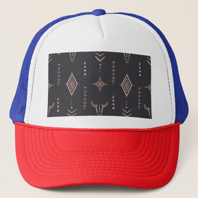 Boho bull skull, ethnic seamless. trucker hat (Front)
