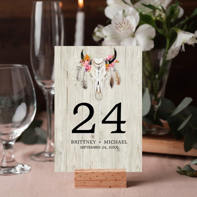 Boho Bull Skull Feathers Rustic Wood Wedding Table Number (Rustic wood watercolor skull design on this table number card is perfect for your wedding reception.)