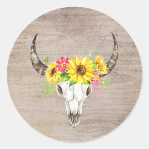 Boho Bull Skull Light Wood Classic Round Sticker