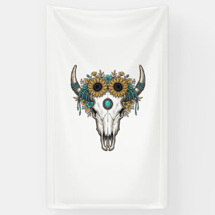 Boho Bull Skull Sunflower Vintage Western Engravin Banner