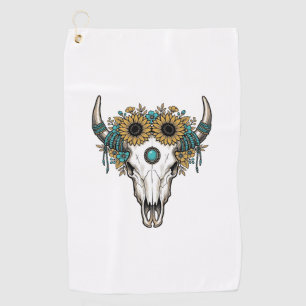Boho Bull Skull Sunflower Vintage Western Engravin Golf Towel
