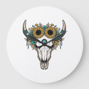 Boho Bull Skull Sunflower Vintage Western Engravin Large Clock