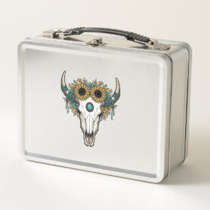 Boho Bull Skull Sunflower Vintage Western Engravin Metal Lunch Box