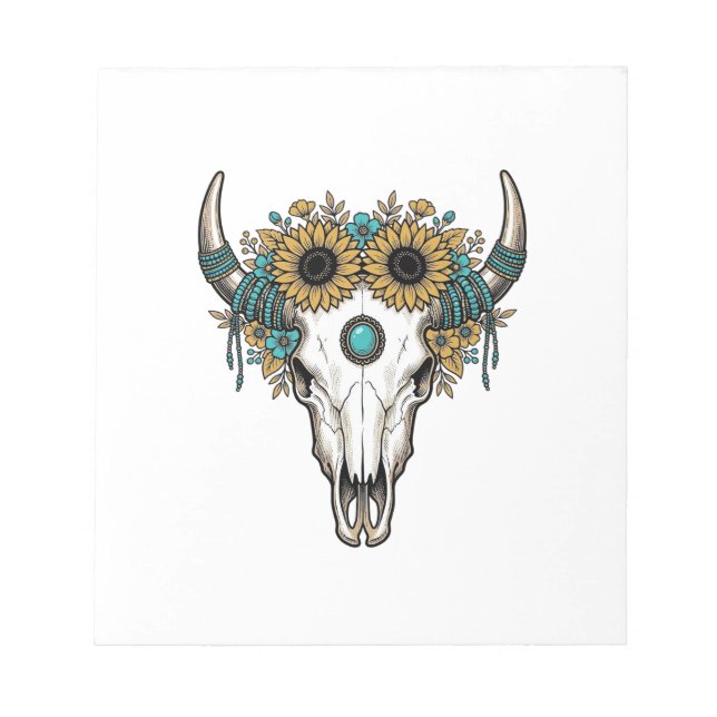 Boho Bull Skull Sunflower Vintage Western Engravin Notepad (Front)