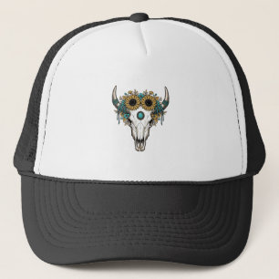 Boho Bull Skull Sunflower Vintage Western Engravin Trucker Hat