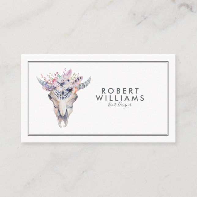 Boho Bull Skull & Tribal Flowers Bouquet Business Card (Front)