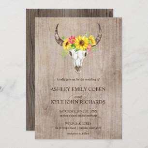 Boho Bull Skull wedding invitation with sunflowers