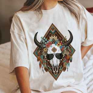 Boho Bull Skull With Flowers & Sunglasses Tri-Blend Shirt