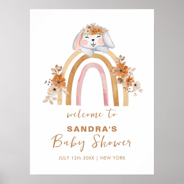 Boho Bunny Rainbow Floral Baby Shower Welcome  Poster (Front)
