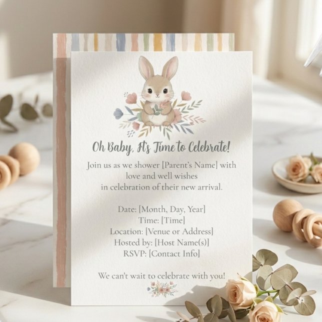 Boho Bunny Watercolor Stripe Baby Shower Invitation (Boho bunny baby shower invitation)