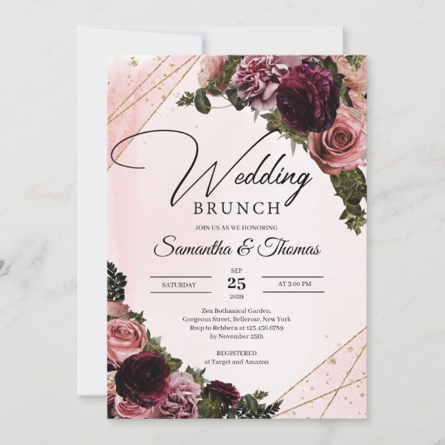 Boho Burgundy and blush maroon flowers brunch  Invitation (Front)