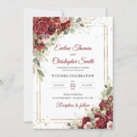 Boho burgundy and blush roses wedding invitation