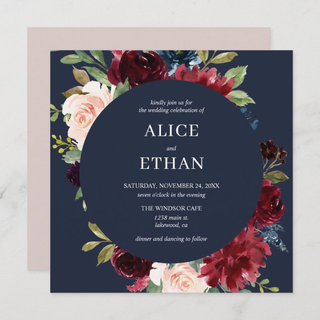Boho Burgundy And Navy Blue Floral Invitation (Front/Back)