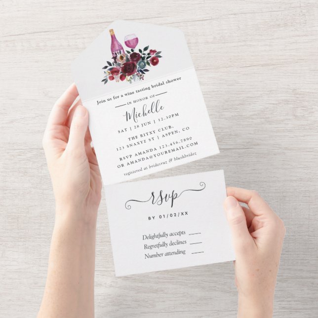 Boho Burgundy and Navy Bridal Shower Wine Tasting All In One Invitation (Tearaway)