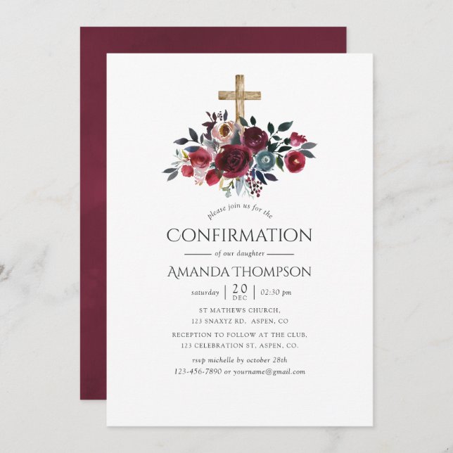 Boho Burgundy and Navy Floral Confirmation Invitation (Front/Back)