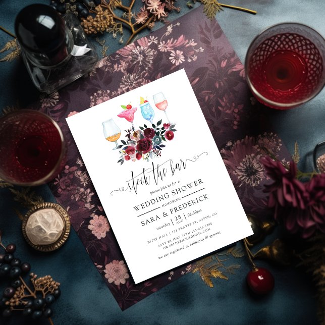 Boho Burgundy and Navy Floral Stock the Bar Invitation (Creator Uploaded)