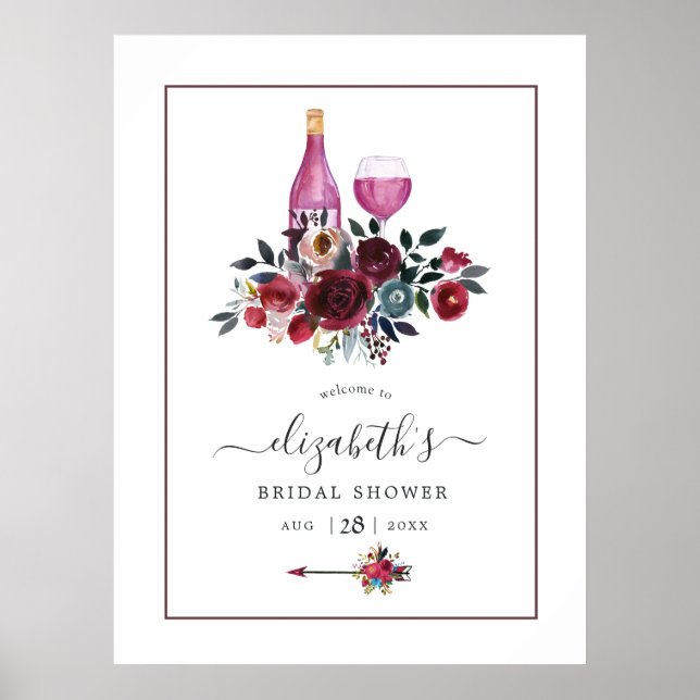Boho Burgundy and Navy Wine Tasting Welcome Poster (Front)