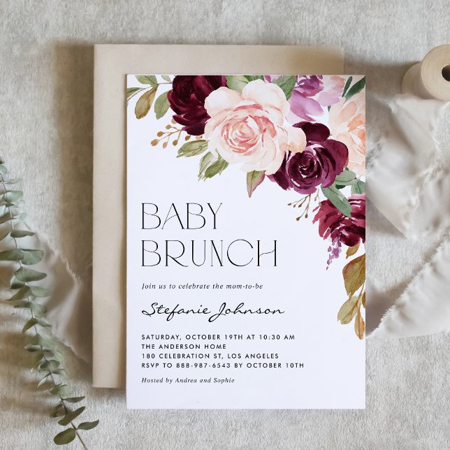 Boho Burgundy and Peach Flowers Fall Baby Brunch Invitation (Creator Uploaded)