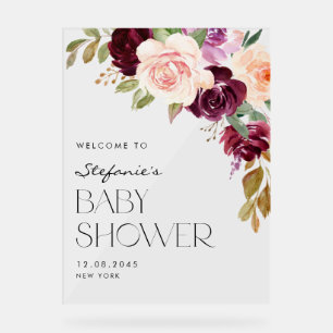 Boho Burgundy and Peach Flowers Fall Baby Shower Acrylic Sign