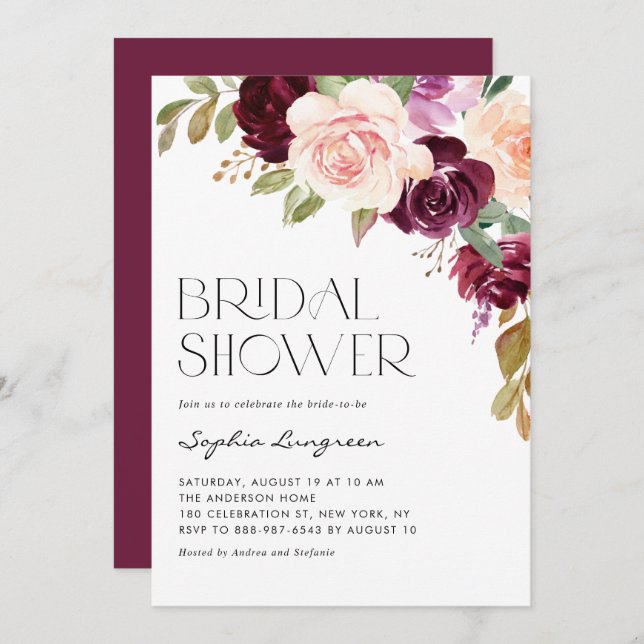 Boho Burgundy and Peach Flowers Fall Bridal Shower Invitation (Front/Back)