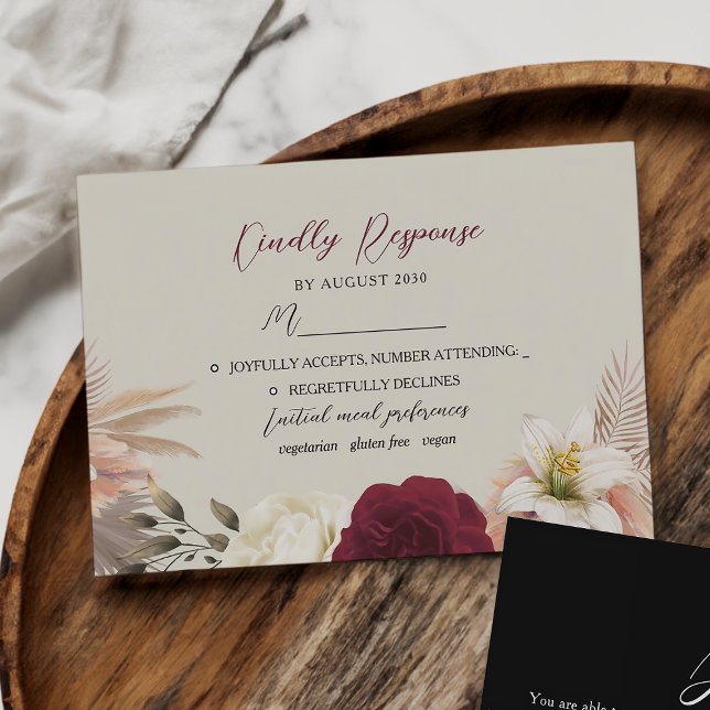 Boho Burgundy Black Floral Wedding RSVP Card (Creator Uploaded)