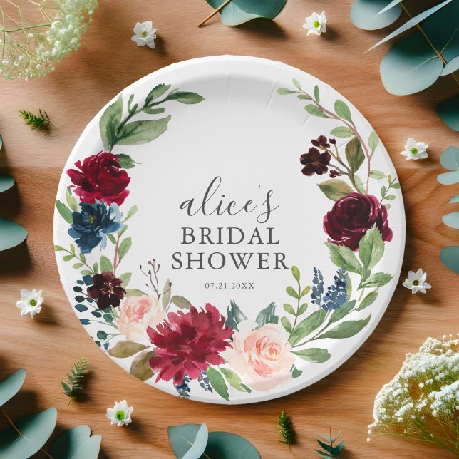 Boho Burgundy Blue Floral Script Bridal Shower Paper Plate (Creator Uploaded)