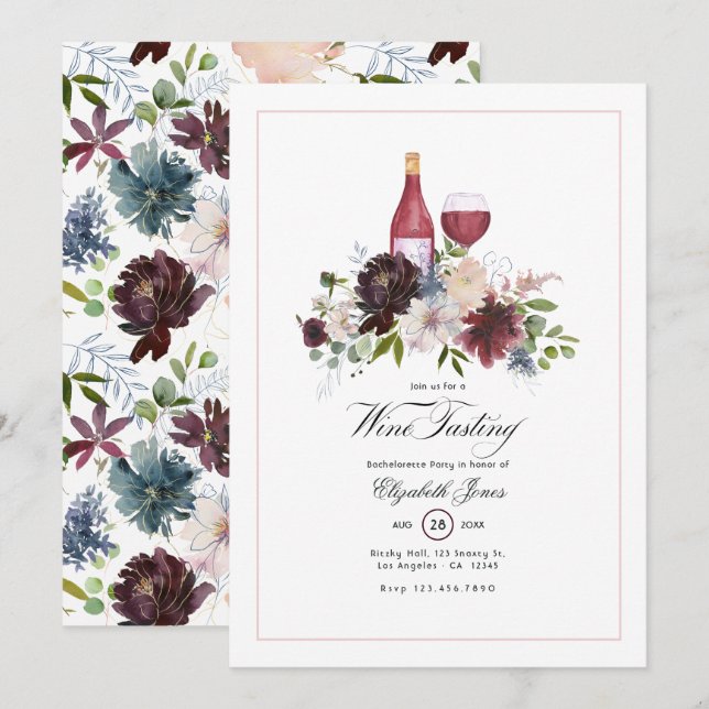Boho Burgundy Blush Dusty Blue Wine Bachelorette Invitation (Front/Back)