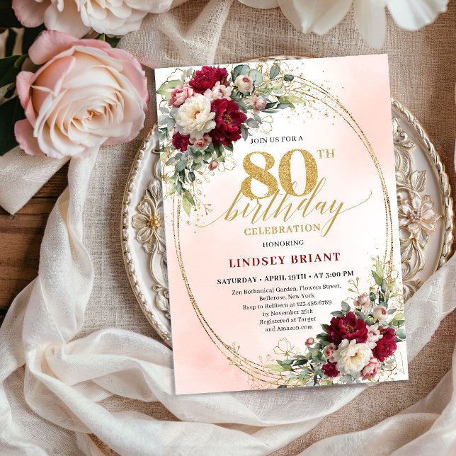 Boho Burgundy Blush Floral 80th Birthday Invite (Boho Burgundy Blush Floral 80th Birthday Invitation)