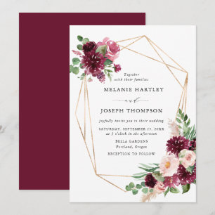 Boho Burgundy & Blush Floral Gold Frame Wedding Invitation