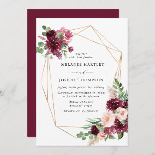 Boho Burgundy & Blush Floral Gold Frame Wedding Invitation