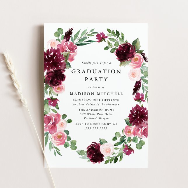 Boho Burgundy & Blush Floral Graduation Party Invitation (Creator Uploaded)