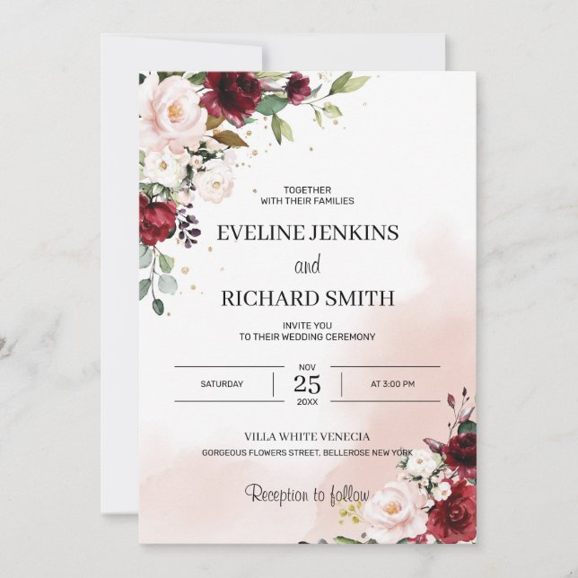 Boho burgundy blush pink floral bohemian invitation (Front)