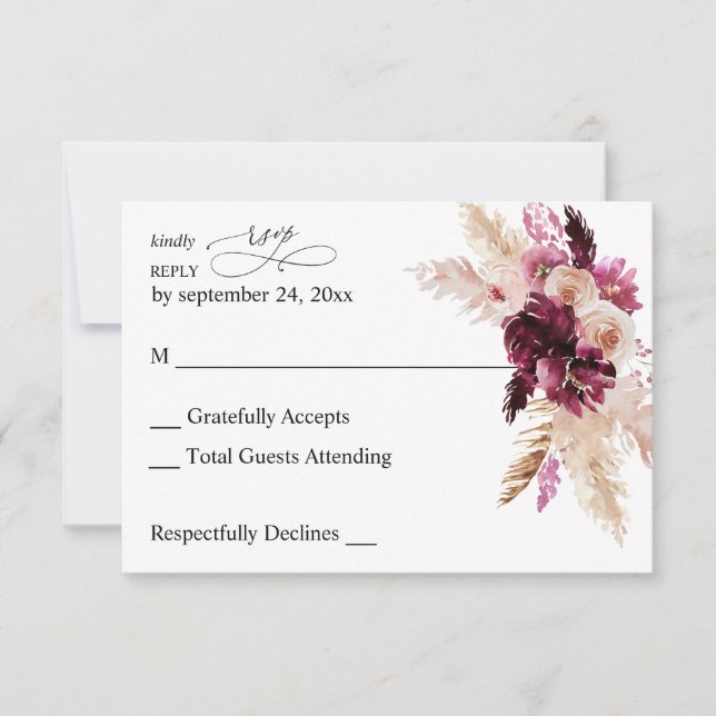Boho Burgundy & Blush Pink Floral no Meal RSVP (Front)