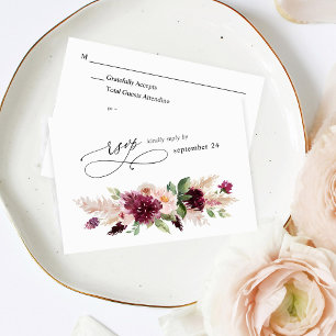 Boho Burgundy & Blush Pink Floral w Meal RSVP 2 Card