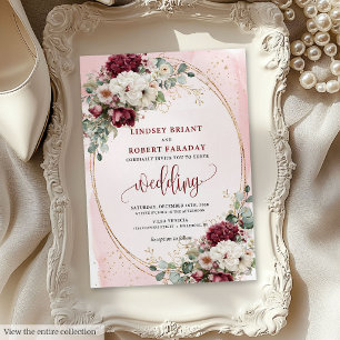Boho Burgundy Blush Rose Wedding Invitation Suite