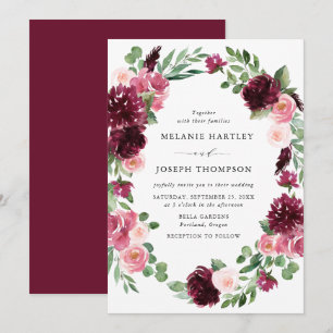 Boho Burgundy & Blush Watercolor Floral Wedding Invitation