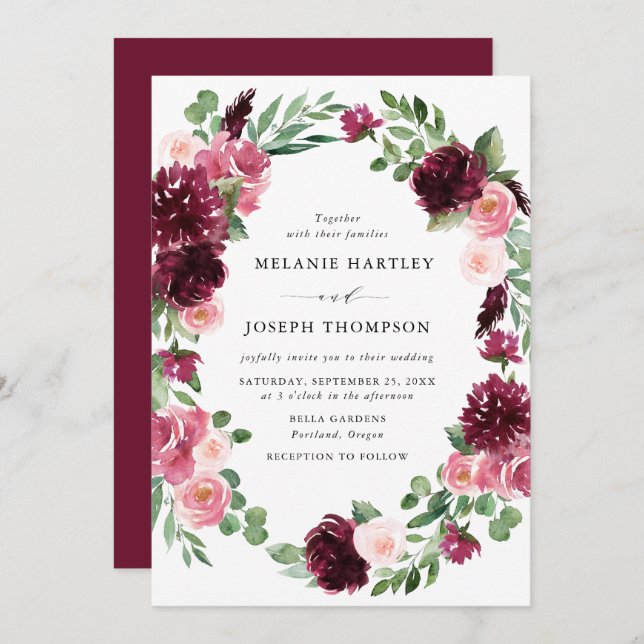Boho Burgundy & Blush Watercolor Floral Wedding Invitation (Front/Back)