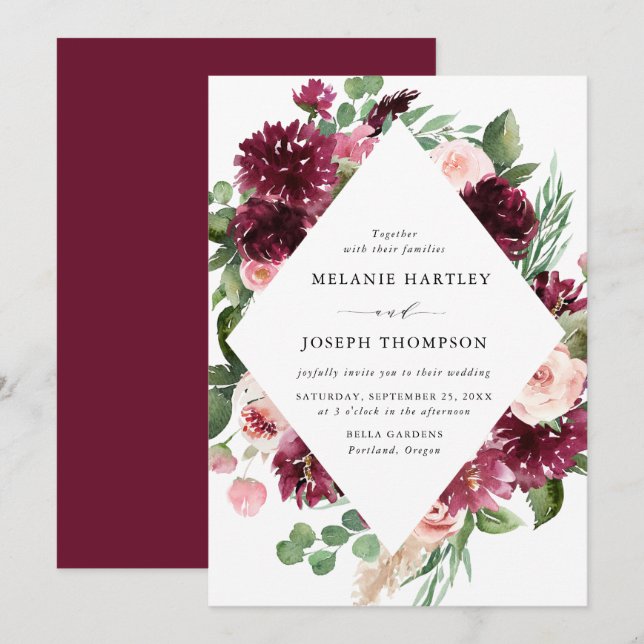 Boho Burgundy & Blush Watercolor Floral Wedding Invitation (Front/Back)