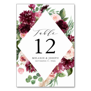 Boho Burgundy & Blush Watercolor Floral Wedding Table Number