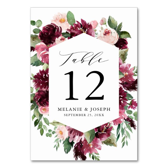 Boho Burgundy & Blush Watercolor Floral Wedding Table Number (Front)